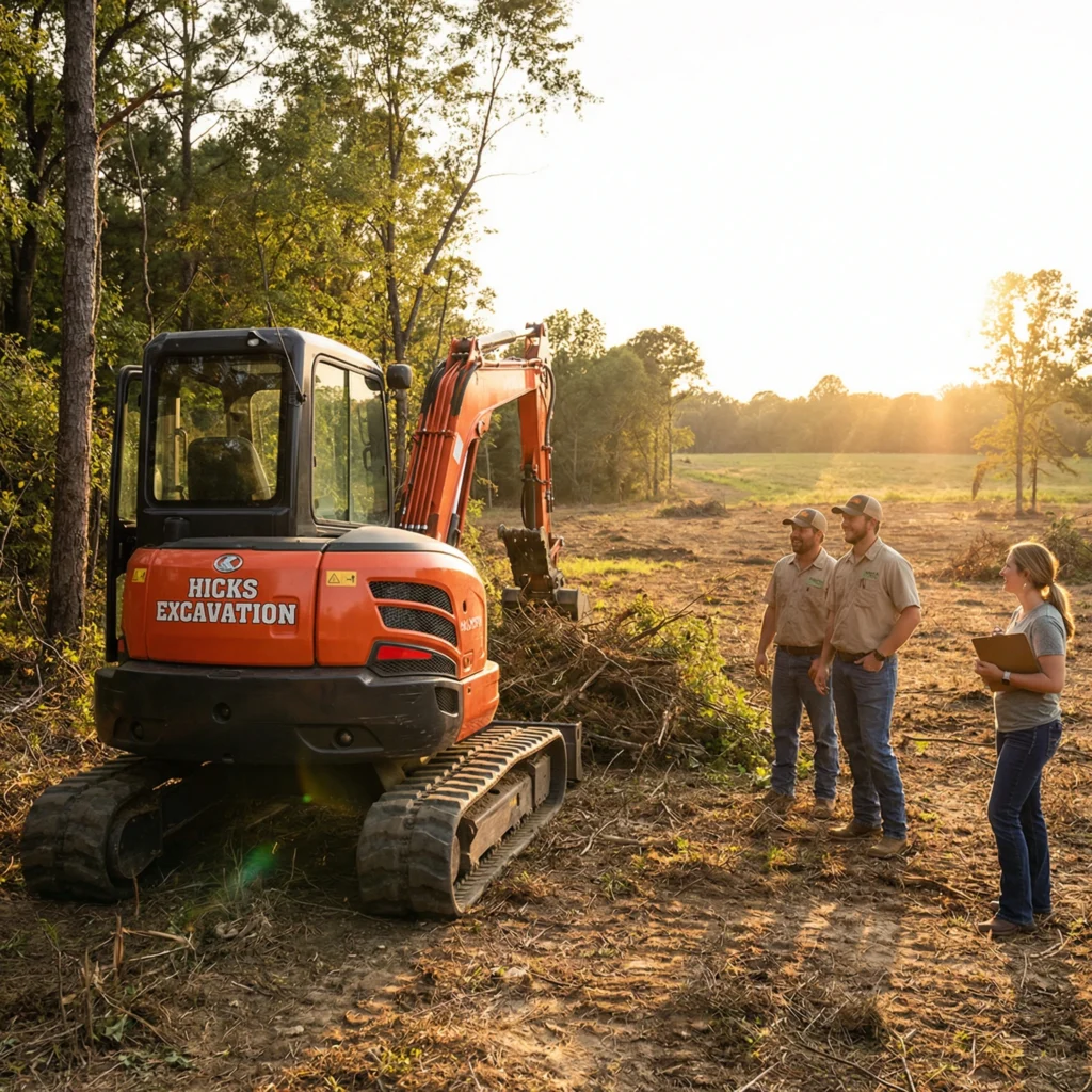 Professional land clearing and site preparation services by Hicks Excavation using heavy machinery for lot development